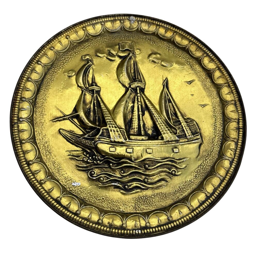 Vintage Sunshine Biscuits Brass Wall Plate With Embossed Ship Design Galleon